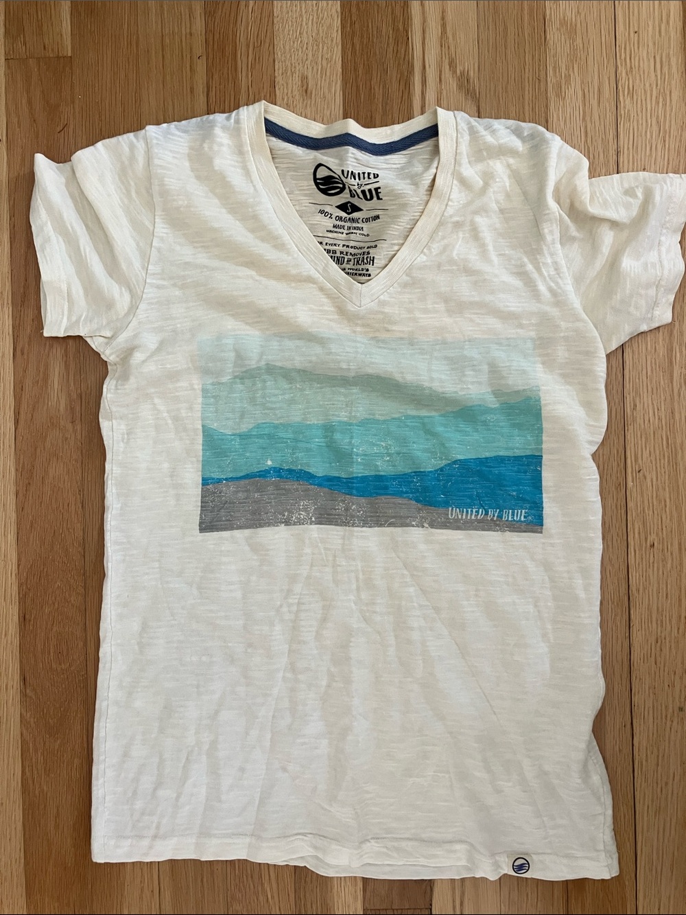 United By Blue Organic Cotton Tee Size S Cream V-Neck with Layered Blue Graphic